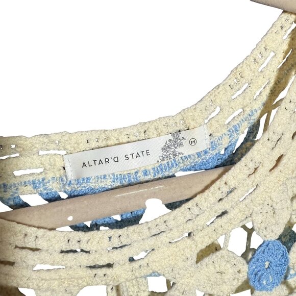 Altar'd State Crochet Lace Knit Sleeveless Vest Women's Size Medium Blue Cream - Picture 2 of 6